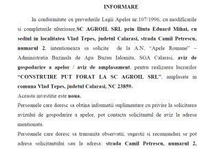 SC AGRIOIL SRL cere aviz pentru gestionarea apelor aviz de amplasare pentru construirea unui put forat ANUNT