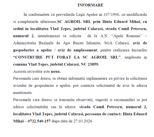 SC AGRIOIL SRL cere aviz pentru gestionarea apelor aviz de amplasare pentru construirea unui put forat ANUNT