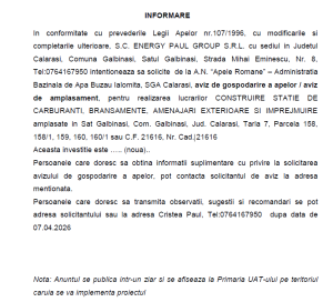 SC Energy Paul Group SRL cere aviz pentru gestionarea apelor in vederea construirii unei statii de carburanti bransamente amenajari exterioare si imprejmuire in comuna Galbinasi
