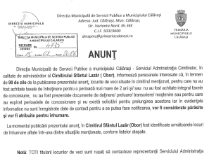 Calarasi Administratia Cimitirelor informeaza debitorii cu restante de la Cimitirul Sf Lazar