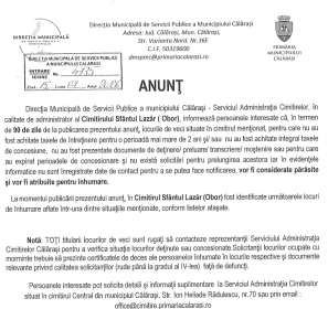 Calarasi Administratia Cimitirelor informeaza debitorii cu restante de la Cimitirul Sf Lazar