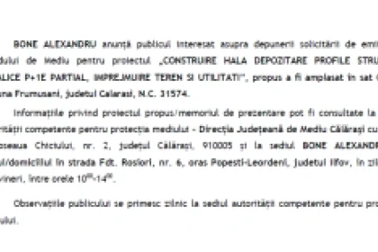 Acord de mediu cerut pentru hală metalică în Orăști, Frumușani