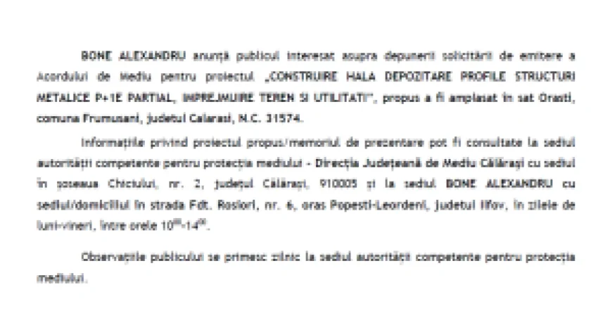 Acord de mediu cerut pentru hală metalică în Orăști, Frumușani