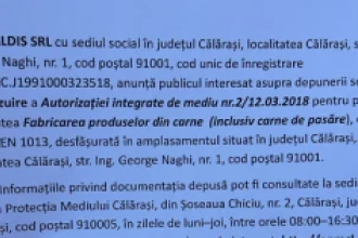 ALDIS Călărași anunță revizuirea Autorizației de mediu pentru produse din carne