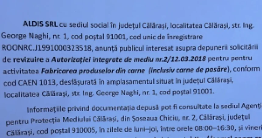 ALDIS Călărași anunță revizuirea Autorizației de mediu pentru produse din carne