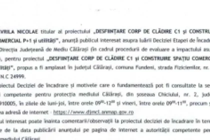 Decizie de încadrare: desființare corp C1 și spațiu comercial P+1, Fundeni
