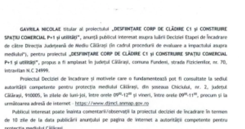 Decizie de încadrare: desființare corp C1 și spațiu comercial P+1, Fundeni