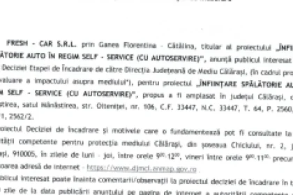 Fresh Car SRL cere spălătorie auto self-service în Mânăstirea, Călărași