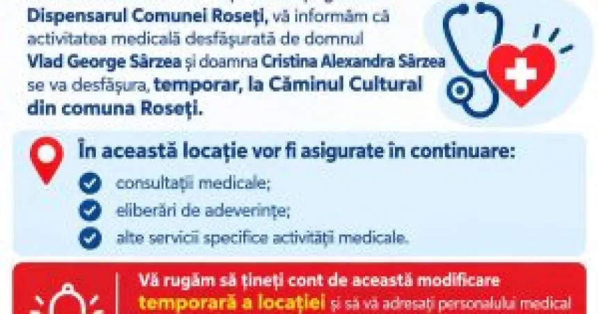 Primăria Roseți mută dispensarul la Căminul Cultural după un incendiu